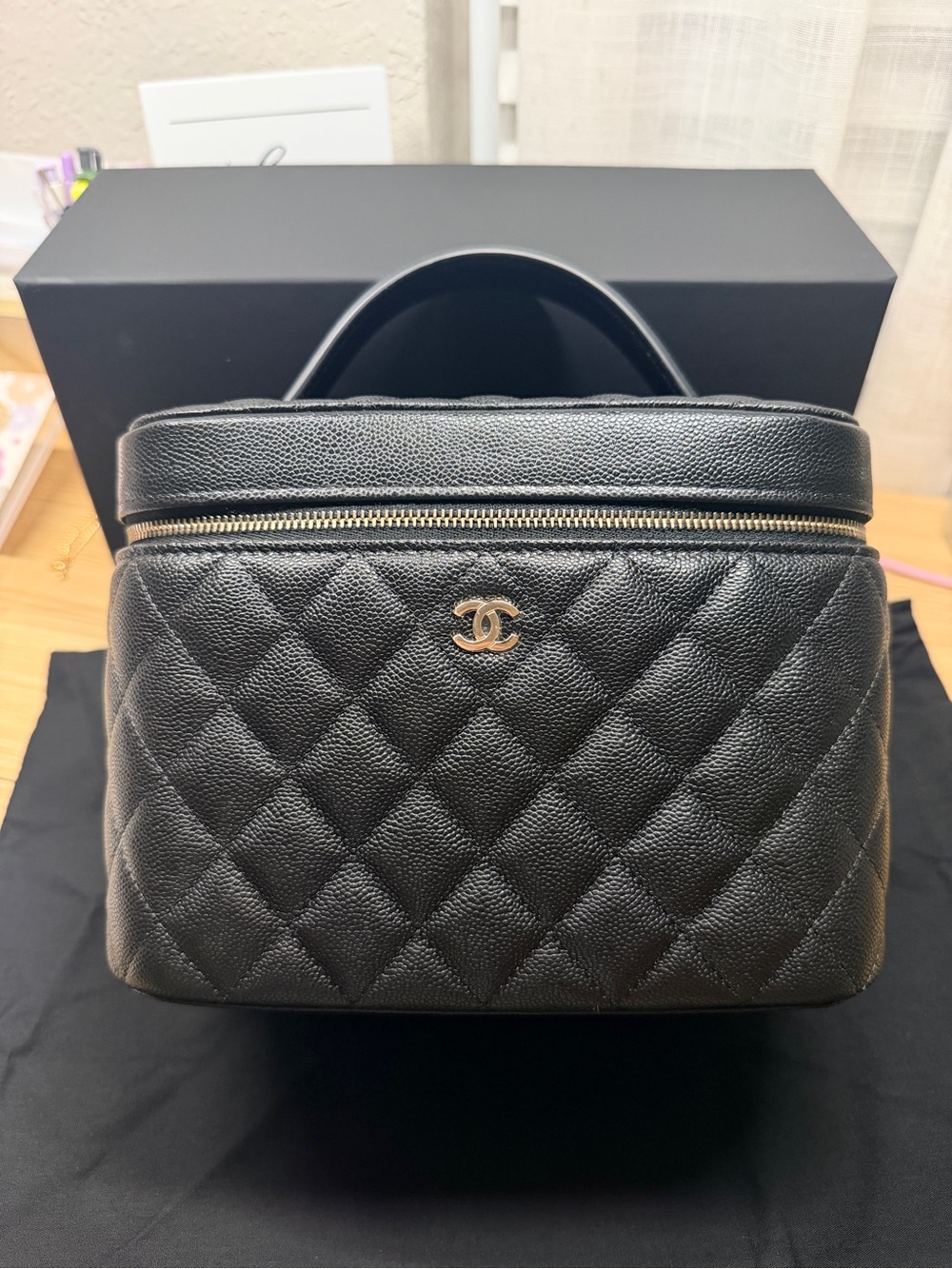 CHANEL Black Quilted Vanity Case with Gold CC